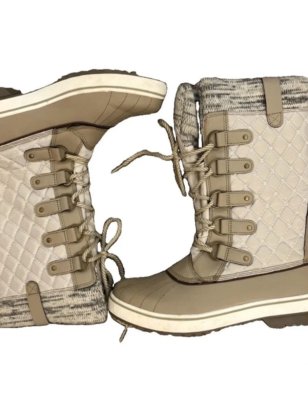 Totes Glenda Winter Snow Rain Boots Bone Beige Womens Quilted Lace Up
